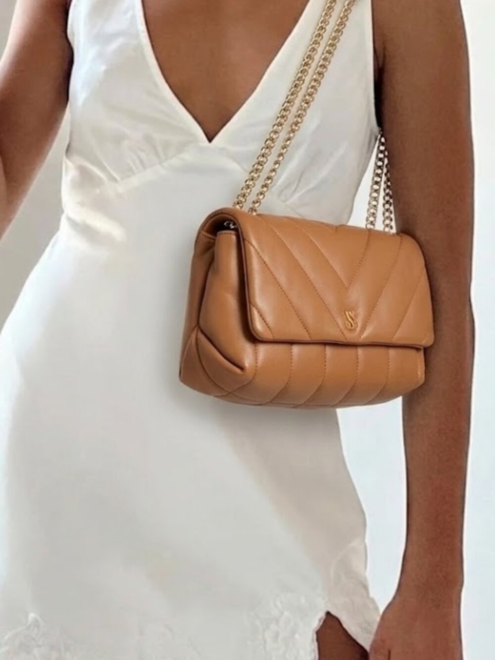 Victoria's Secret Medium Quilted Tan Shoulder Bag with Gold Chain Strap